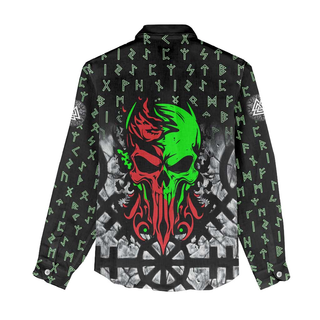 Flaming Skull Women Casual Shirt with Green Runes and Norse Symbols Viking Warrior Tribute - Wonder Print Shop