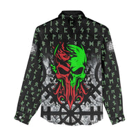 Flaming Skull Women Casual Shirt with Green Runes and Norse Symbols Viking Warrior Tribute - Wonder Print Shop