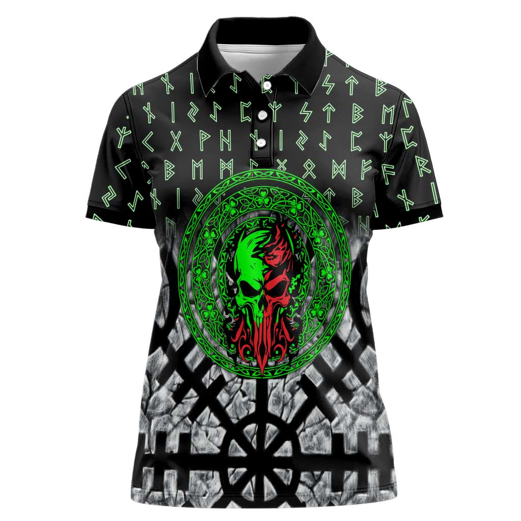 Flaming Skull Women Polo Shirt with Green Runes and Norse Symbols Viking Warrior Tribute - Wonder Print Shop