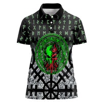Flaming Skull Women Polo Shirt with Green Runes and Norse Symbols Viking Warrior Tribute - Wonder Print Shop