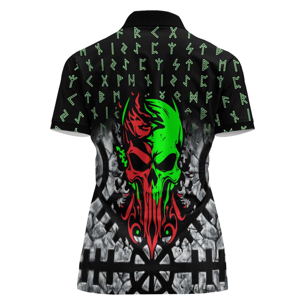 Flaming Skull Women Polo Shirt with Green Runes and Norse Symbols Viking Warrior Tribute - Wonder Print Shop