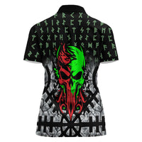 Flaming Skull Women Polo Shirt with Green Runes and Norse Symbols Viking Warrior Tribute - Wonder Print Shop