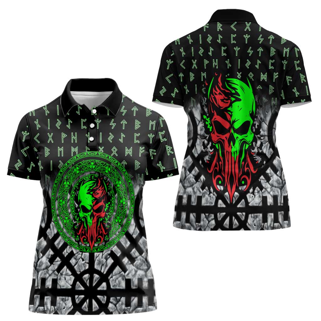 Flaming Skull Women Polo Shirt with Green Runes and Norse Symbols Viking Warrior Tribute - Wonder Print Shop
