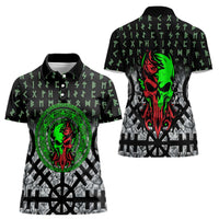 Flaming Skull Women Polo Shirt with Green Runes and Norse Symbols Viking Warrior Tribute - Wonder Print Shop