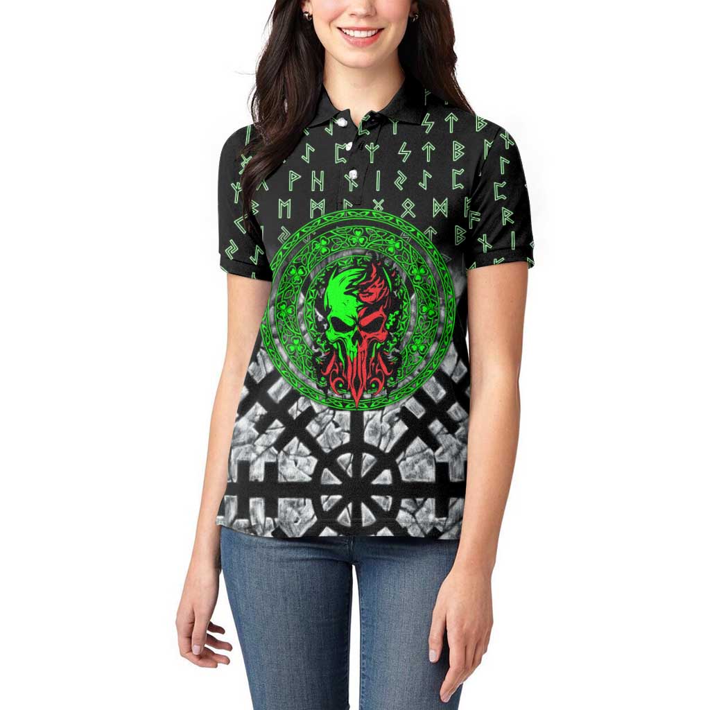 Flaming Skull Women Polo Shirt with Green Runes and Norse Symbols Viking Warrior Tribute - Wonder Print Shop