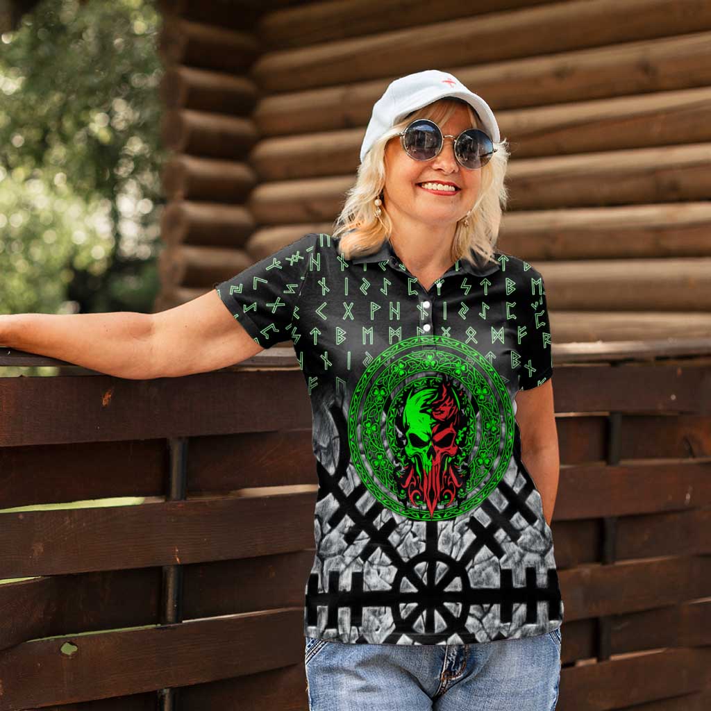 Flaming Skull Women Polo Shirt with Green Runes and Norse Symbols Viking Warrior Tribute - Wonder Print Shop