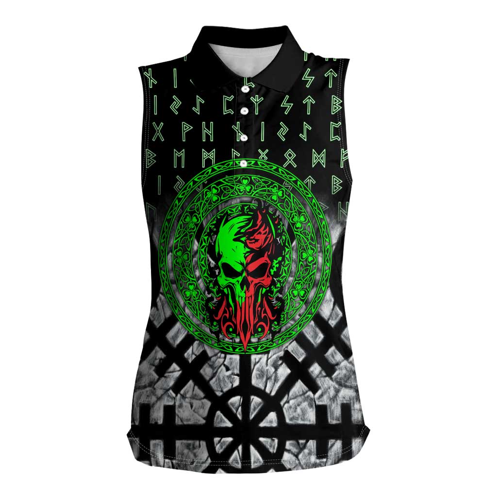 Flaming Skull Women Sleeveless Polo Shirt with Green Runes and Norse Symbols Viking Warrior Tribute - Wonder Print Shop