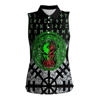 Flaming Skull Women Sleeveless Polo Shirt with Green Runes and Norse Symbols Viking Warrior Tribute - Wonder Print Shop