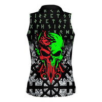 Flaming Skull Women Sleeveless Polo Shirt with Green Runes and Norse Symbols Viking Warrior Tribute - Wonder Print Shop