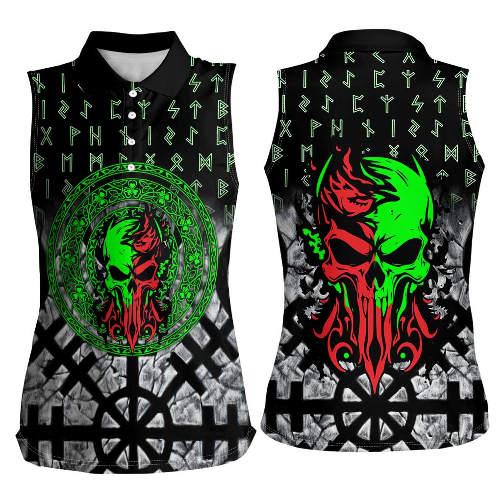 Flaming Skull Women Sleeveless Polo Shirt with Green Runes and Norse Symbols Viking Warrior Tribute - Wonder Print Shop