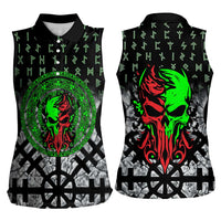 Flaming Skull Women Sleeveless Polo Shirt with Green Runes and Norse Symbols Viking Warrior Tribute - Wonder Print Shop