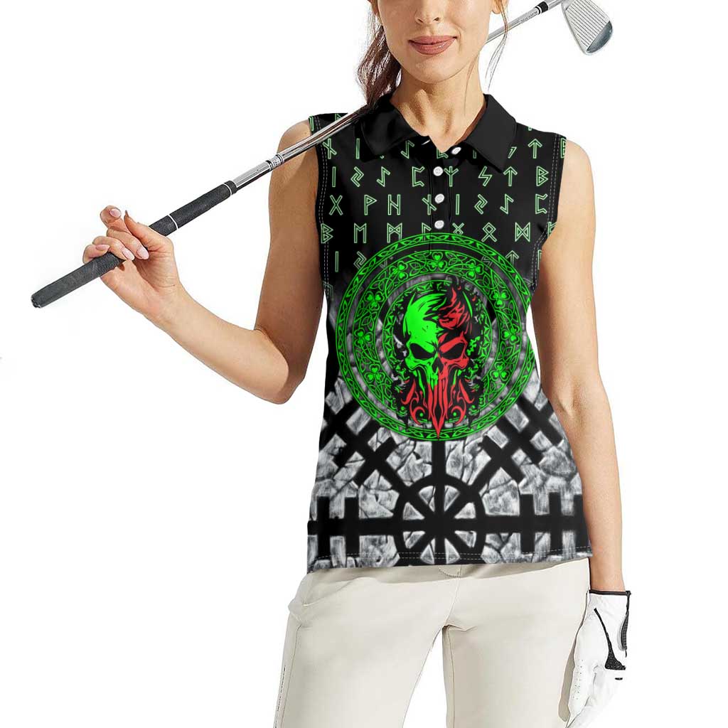 Flaming Skull Women Sleeveless Polo Shirt with Green Runes and Norse Symbols Viking Warrior Tribute - Wonder Print Shop