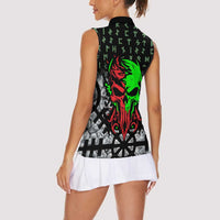 Flaming Skull Women Sleeveless Polo Shirt with Green Runes and Norse Symbols Viking Warrior Tribute - Wonder Print Shop