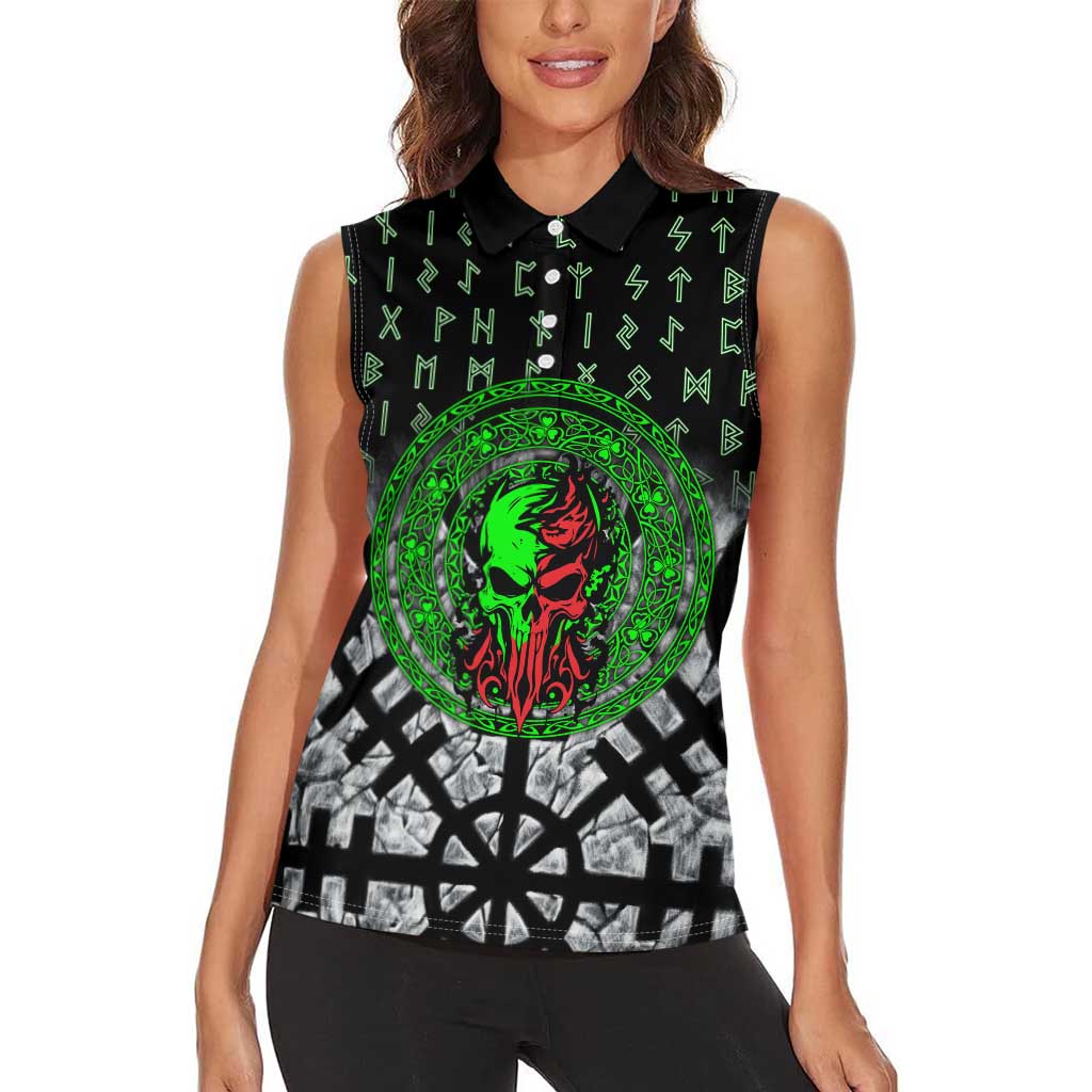 Flaming Skull Women Sleeveless Polo Shirt with Green Runes and Norse Symbols Viking Warrior Tribute - Wonder Print Shop