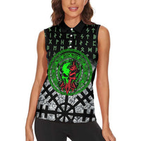 Flaming Skull Women Sleeveless Polo Shirt with Green Runes and Norse Symbols Viking Warrior Tribute - Wonder Print Shop
