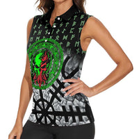 Flaming Skull Women Sleeveless Polo Shirt with Green Runes and Norse Symbols Viking Warrior Tribute - Wonder Print Shop