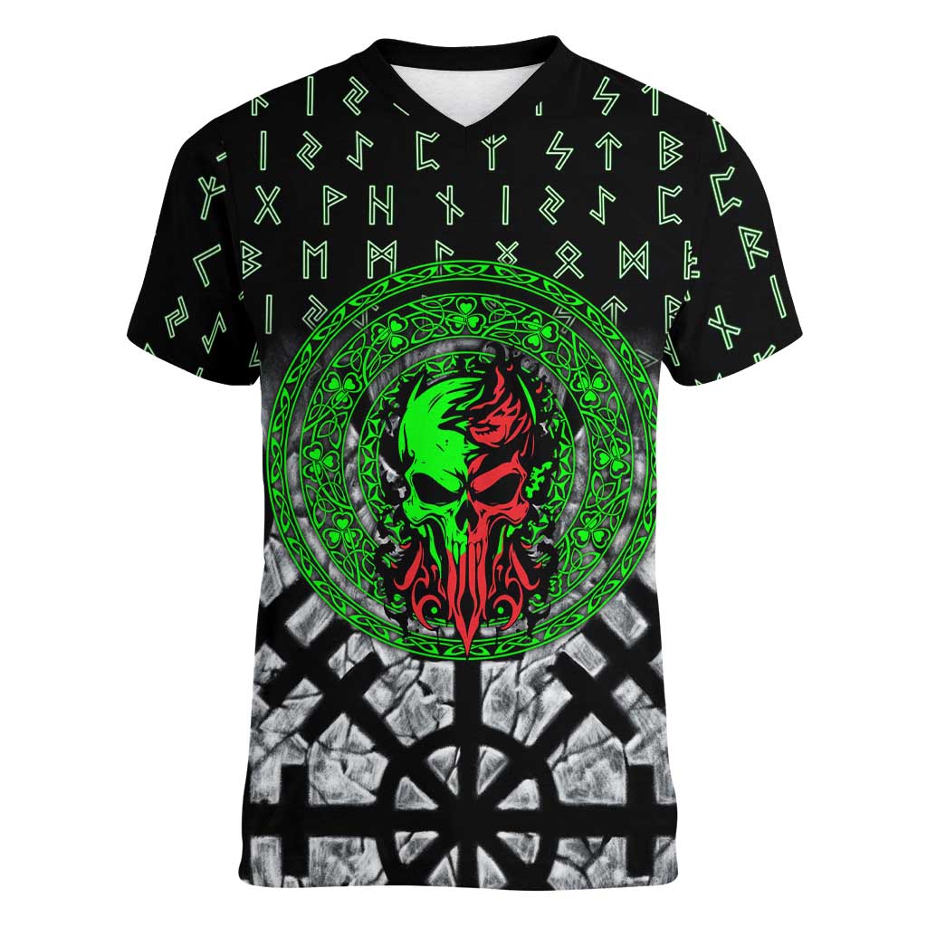 Flaming Skull Women V-Neck T-Shirt with Green Runes and Norse Symbols Viking Warrior Tribute - Wonder Print Shop