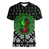 Flaming Skull Women V-Neck T-Shirt with Green Runes and Norse Symbols Viking Warrior Tribute - Wonder Print Shop