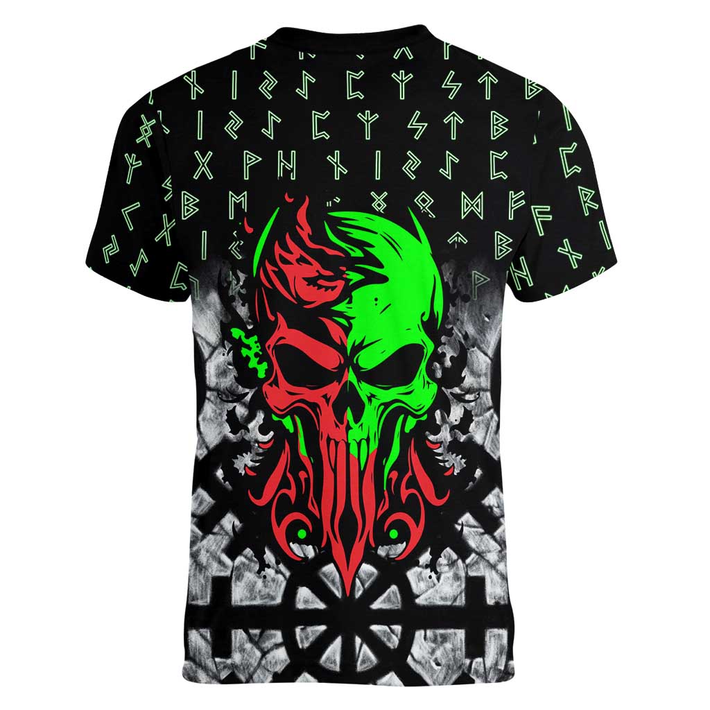 Flaming Skull Women V-Neck T-Shirt with Green Runes and Norse Symbols Viking Warrior Tribute - Wonder Print Shop