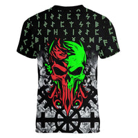 Flaming Skull Women V-Neck T-Shirt with Green Runes and Norse Symbols Viking Warrior Tribute - Wonder Print Shop
