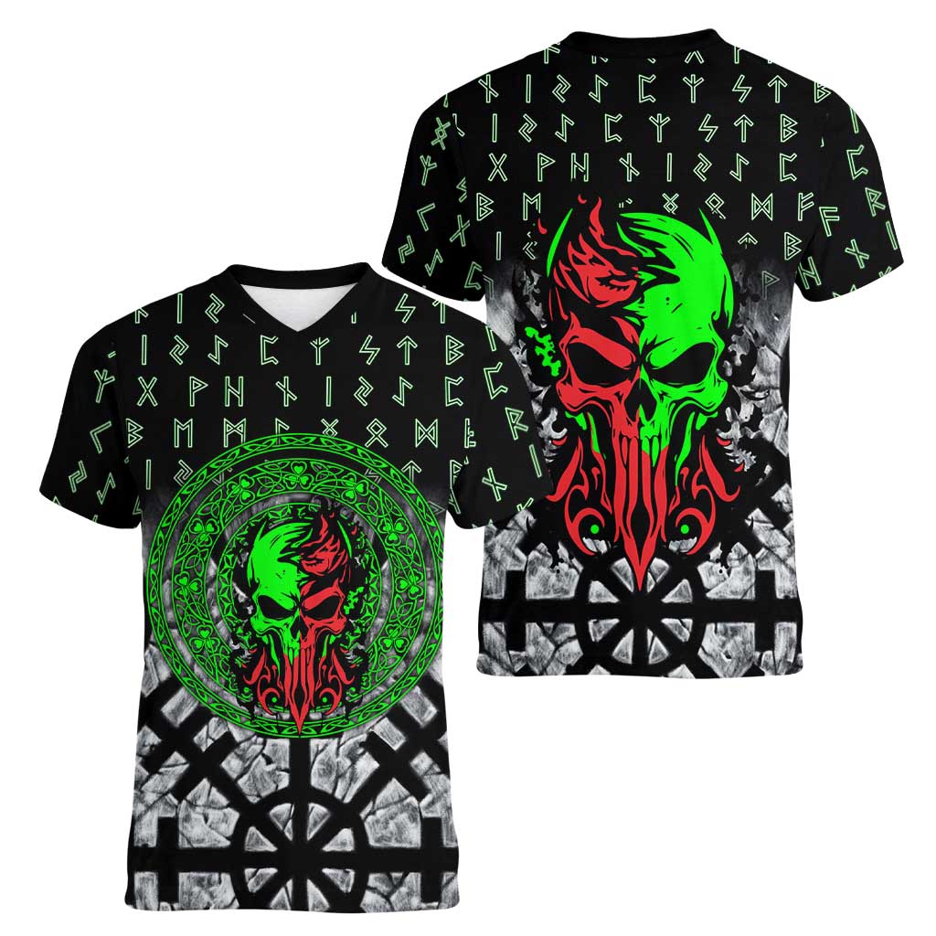 Flaming Skull Women V-Neck T-Shirt with Green Runes and Norse Symbols Viking Warrior Tribute - Wonder Print Shop