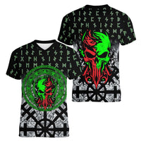 Flaming Skull Women V-Neck T-Shirt with Green Runes and Norse Symbols Viking Warrior Tribute - Wonder Print Shop