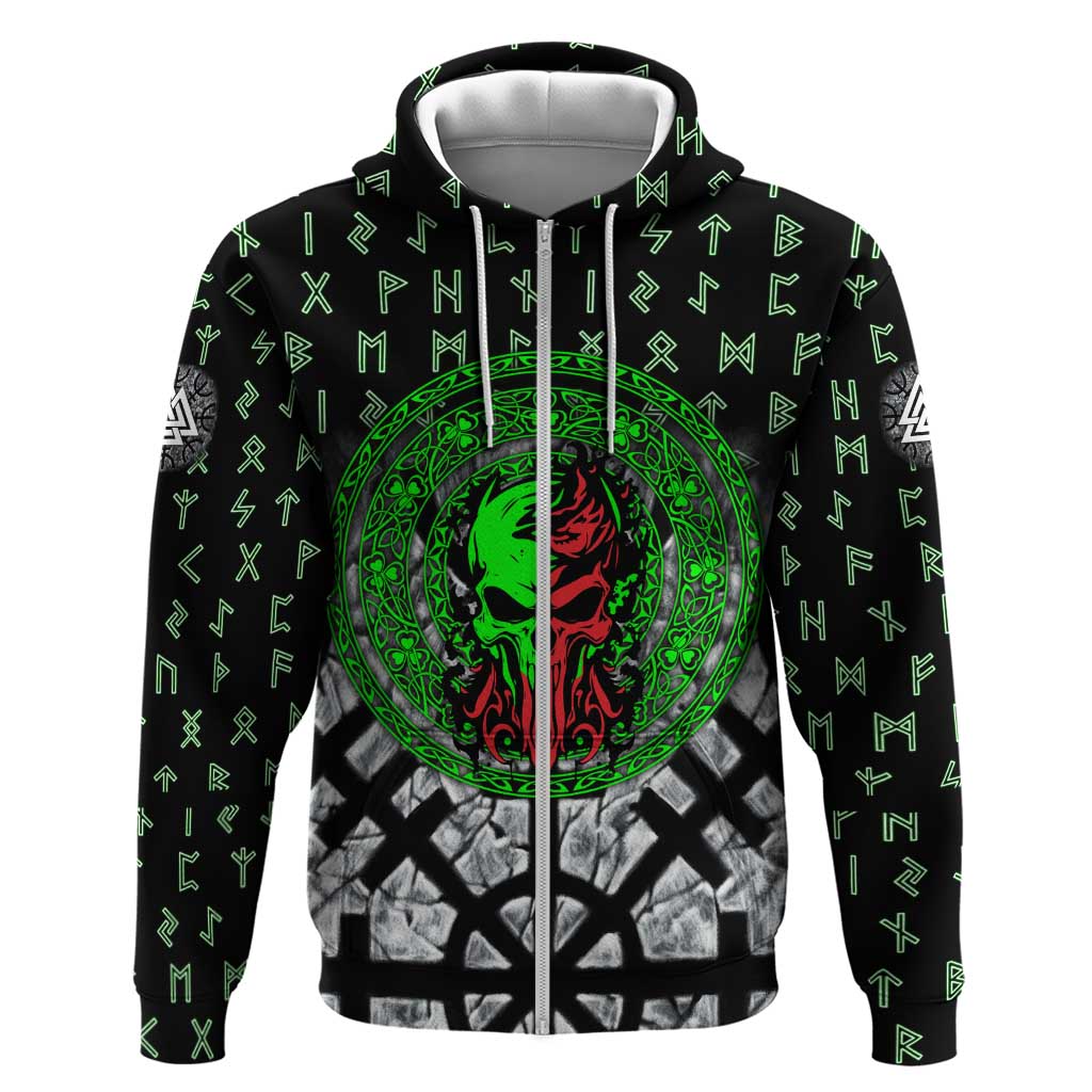 Flaming Skull Zip Hoodie with Green Runes and Norse Symbols Viking Warrior Tribute - Wonder Print Shop