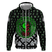 Flaming Skull Zip Hoodie with Green Runes and Norse Symbols Viking Warrior Tribute - Wonder Print Shop