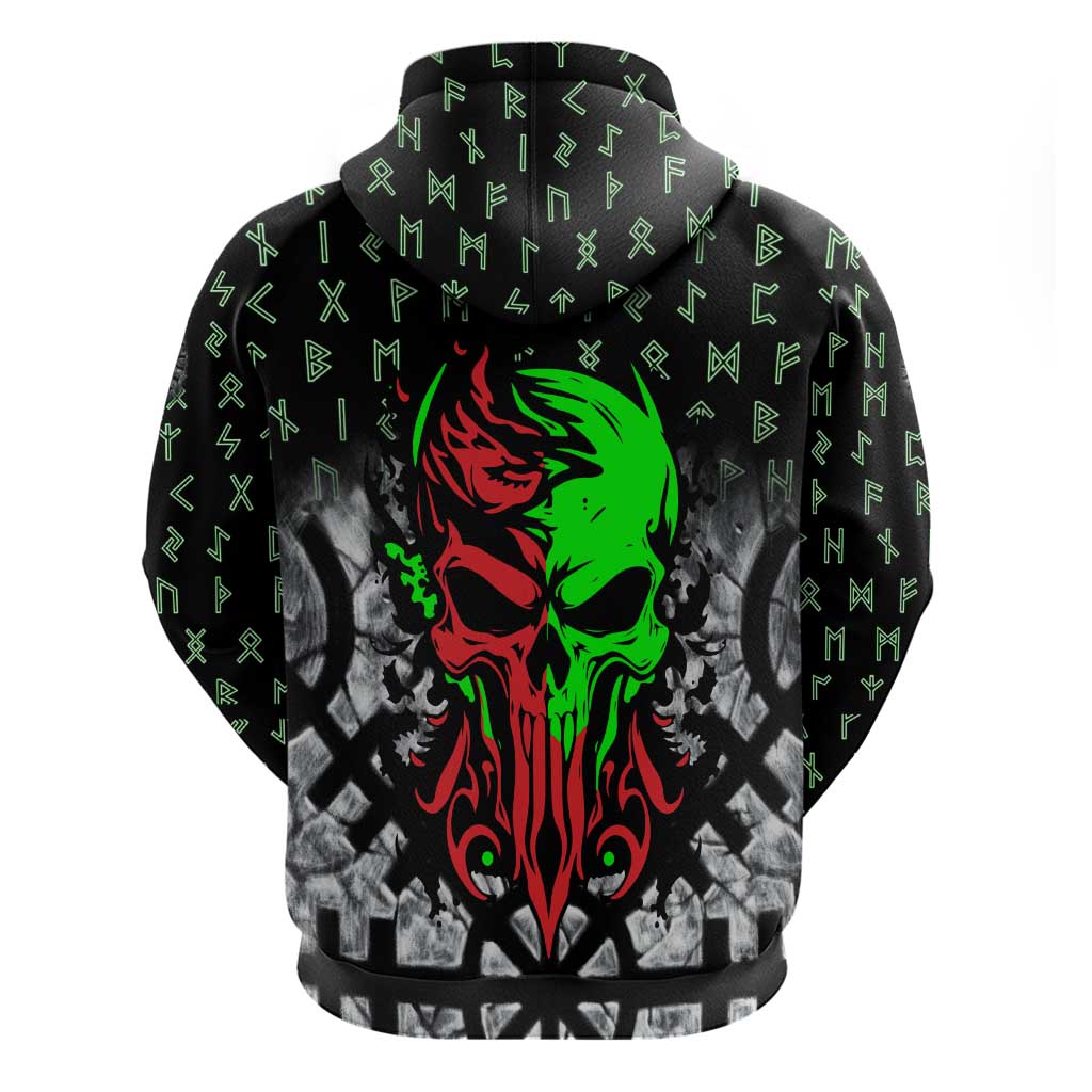 Flaming Skull Zip Hoodie with Green Runes and Norse Symbols Viking Warrior Tribute - Wonder Print Shop