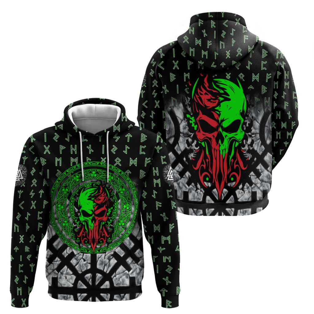Flaming Skull Zip Hoodie with Green Runes and Norse Symbols Viking Warrior Tribute - Wonder Print Shop