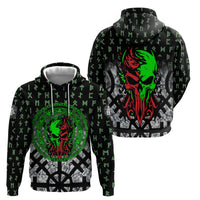 Flaming Skull Zip Hoodie with Green Runes and Norse Symbols Viking Warrior Tribute - Wonder Print Shop