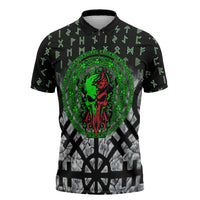 Flaming Skull Zipper Polo Shirt with Green Runes and Norse Symbols Viking Warrior Tribute - Wonder Print Shop