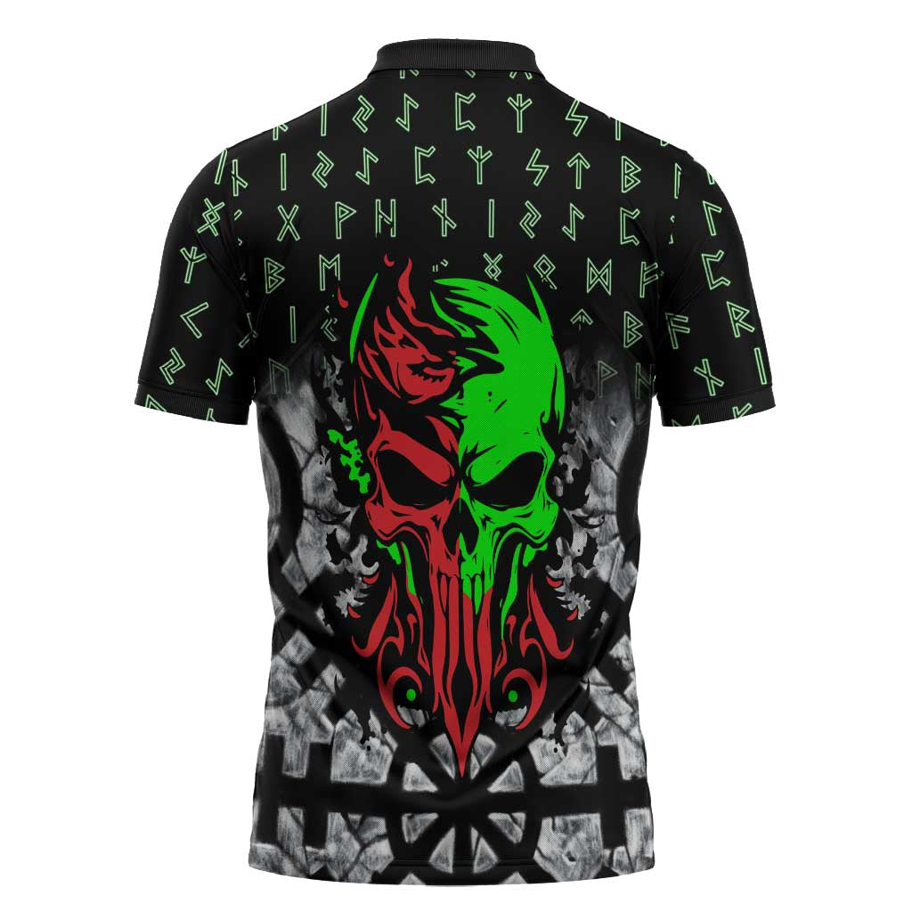 Flaming Skull Zipper Polo Shirt with Green Runes and Norse Symbols Viking Warrior Tribute - Wonder Print Shop