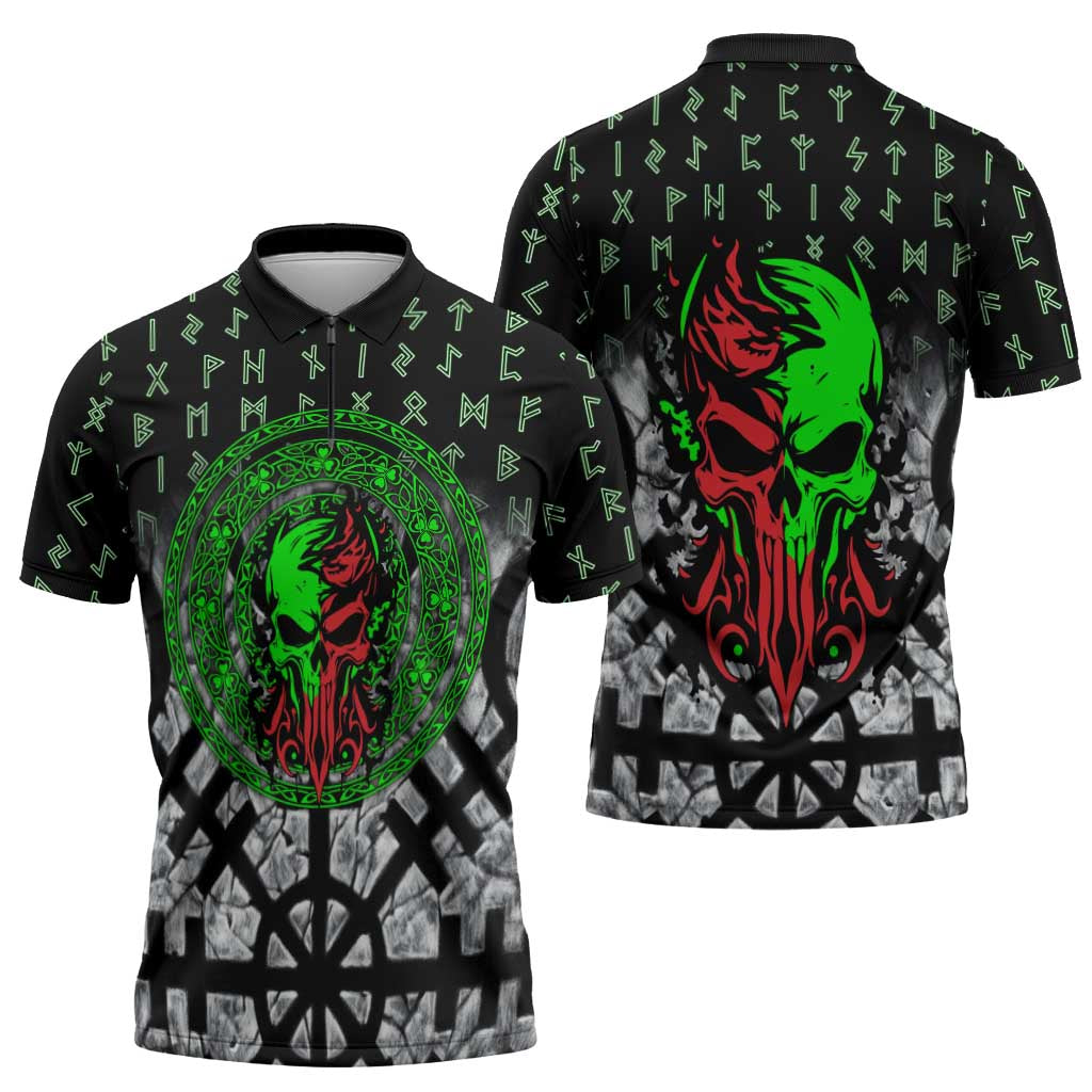 Flaming Skull Zipper Polo Shirt with Green Runes and Norse Symbols Viking Warrior Tribute - Wonder Print Shop