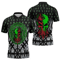 Flaming Skull Zipper Polo Shirt with Green Runes and Norse Symbols Viking Warrior Tribute - Wonder Print Shop