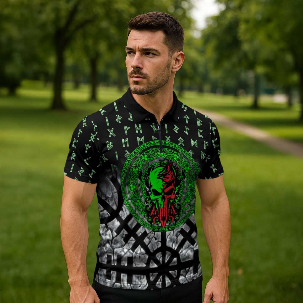 Flaming Skull Zipper Polo Shirt with Green Runes and Norse Symbols Viking Warrior Tribute - Wonder Print Shop