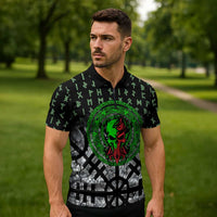 Flaming Skull Zipper Polo Shirt with Green Runes and Norse Symbols Viking Warrior Tribute - Wonder Print Shop
