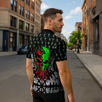 Flaming Skull Zipper Polo Shirt with Green Runes and Norse Symbols Viking Warrior Tribute - Wonder Print Shop
