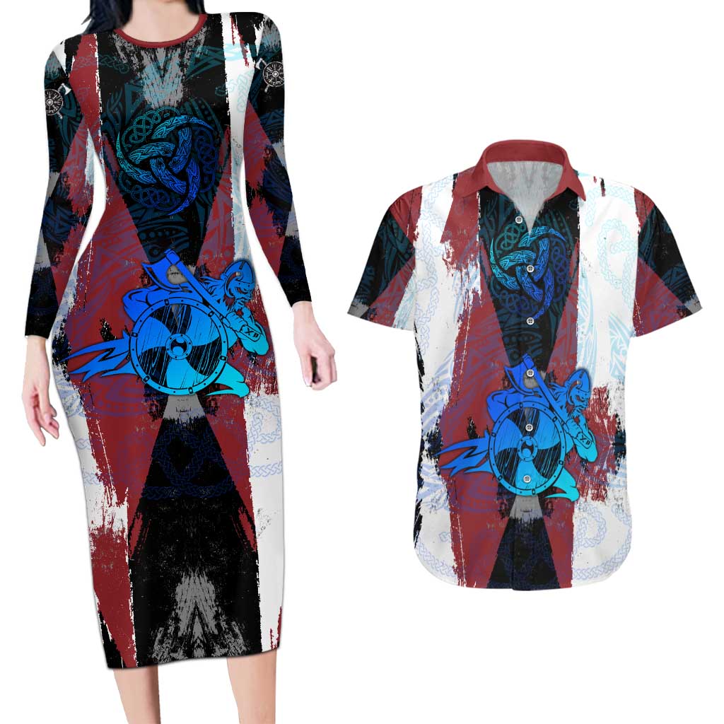Vikings Warrior Couples Matching Long Sleeve Bodycon Dress and Hawaiian Shirt with Shield, Axes and Nordic Pattern Norse Heritage Tribute - Wonder Print Shop