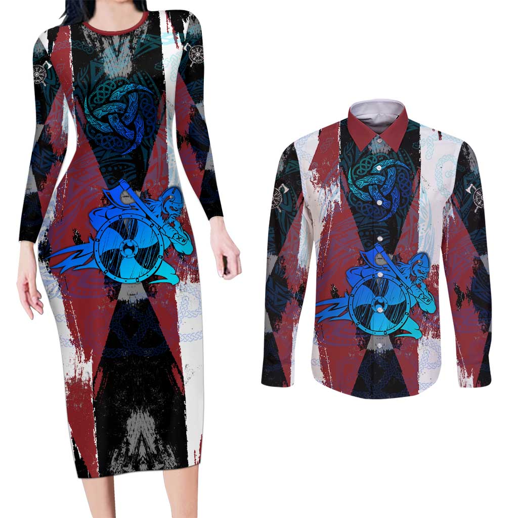 Vikings Warrior Couples Matching Long Sleeve Bodycon Dress and Long Sleeve Button Shirt with Shield, Axes and Nordic Pattern Norse Heritage Tribute - Wonder Print Shop