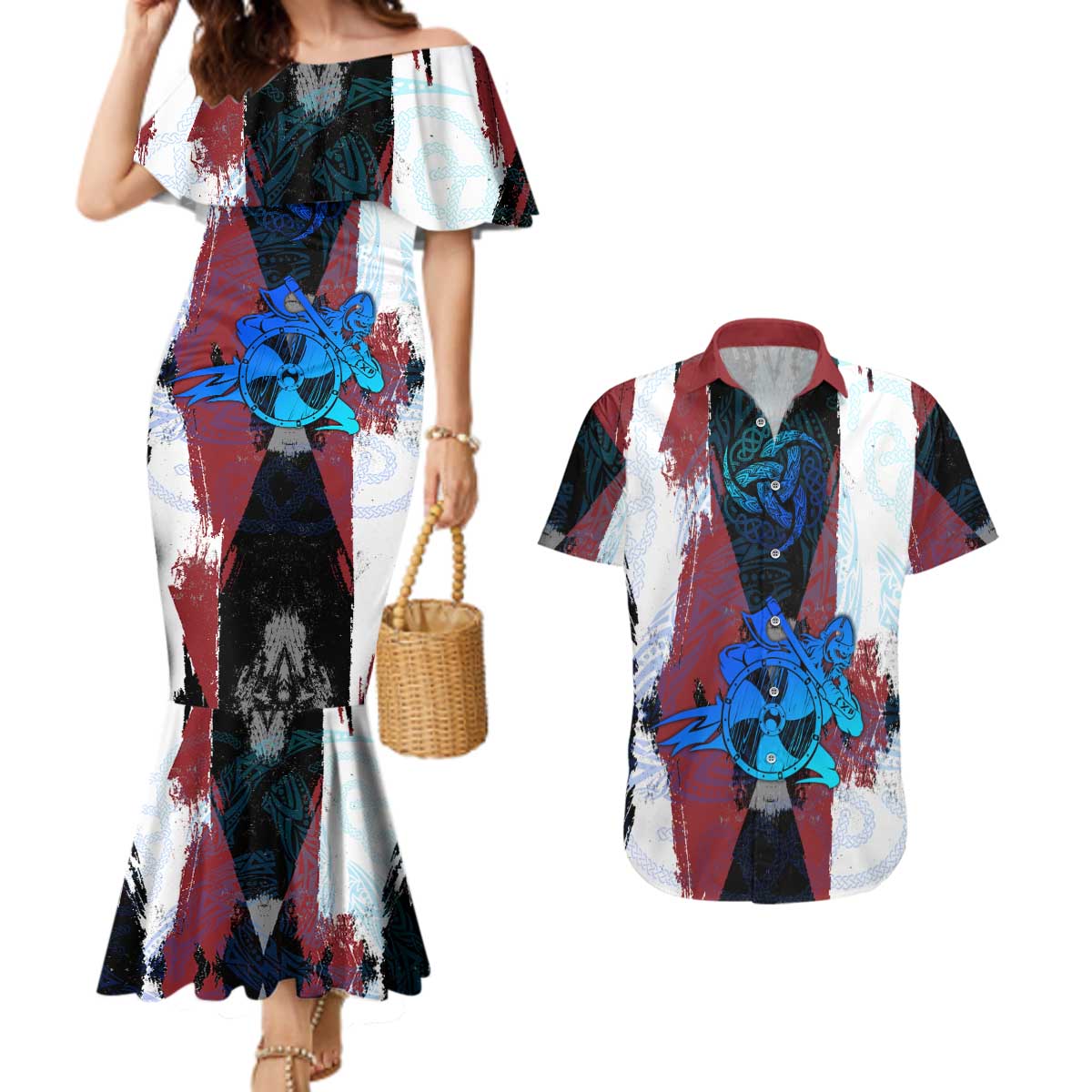 Vikings Warrior Couples Matching Mermaid Dress and Hawaiian Shirt with Shield, Axes and Nordic Pattern Norse Heritage Tribute - Wonder Print Shop