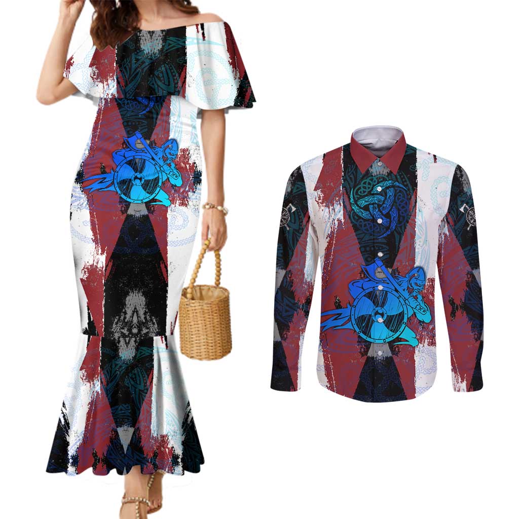 Vikings Warrior Couples Matching Mermaid Dress and Long Sleeve Button Shirt with Shield, Axes and Nordic Pattern Norse Heritage Tribute - Wonder Print Shop