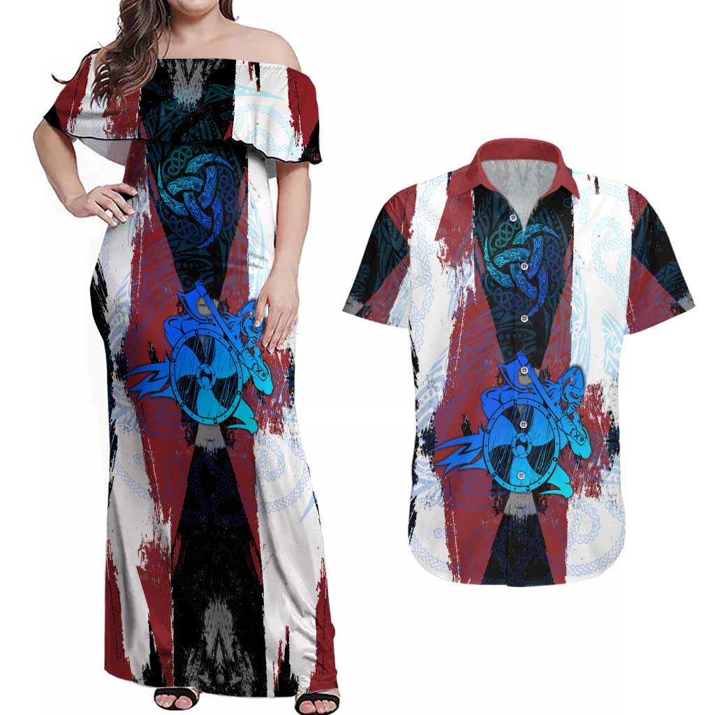 Vikings Warrior Couples Matching Off Shoulder Maxi Dress and Hawaiian Shirt with Shield, Axes and Nordic Pattern Norse Heritage Tribute - Wonder Print Shop