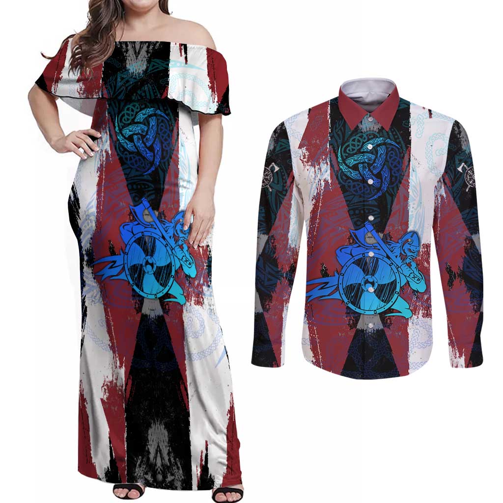Vikings Warrior Couples Matching Off Shoulder Maxi Dress and Long Sleeve Button Shirt with Shield, Axes and Nordic Pattern Norse Heritage Tribute - Wonder Print Shop