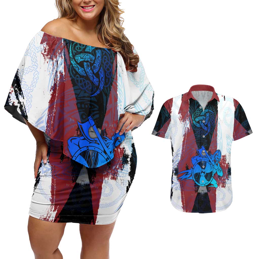 Vikings Warrior Couples Matching Off Shoulder Short Dress and Hawaiian Shirt with Shield, Axes and Nordic Pattern Norse Heritage Tribute - Wonder Print Shop