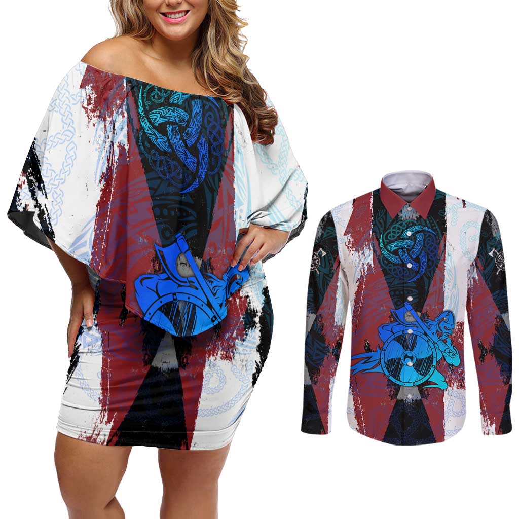 Vikings Warrior Couples Matching Off Shoulder Short Dress and Long Sleeve Button Shirt with Shield, Axes and Nordic Pattern Norse Heritage Tribute - Wonder Print Shop