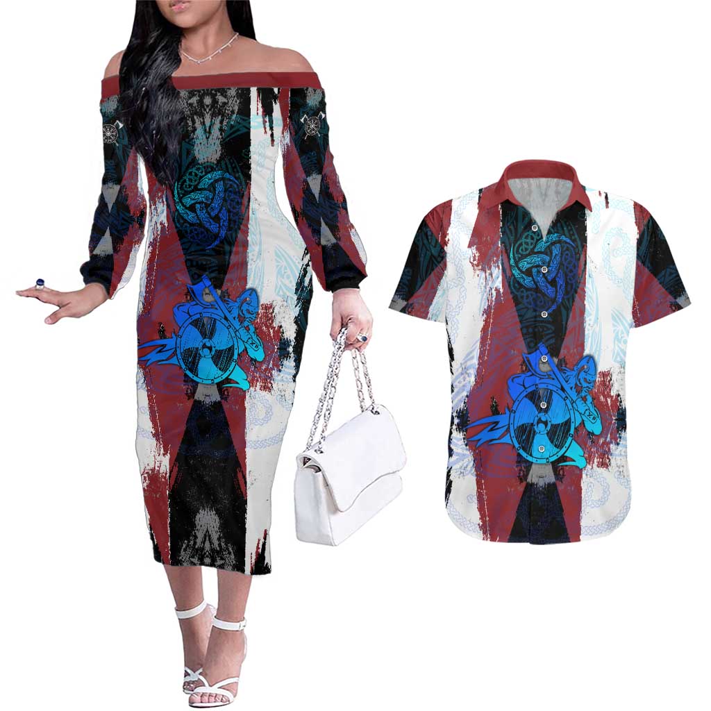 Vikings Warrior Couples Matching Off The Shoulder Long Sleeve Dress and Hawaiian Shirt with Shield, Axes and Nordic Pattern Norse Heritage Tribute - Wonder Print Shop
