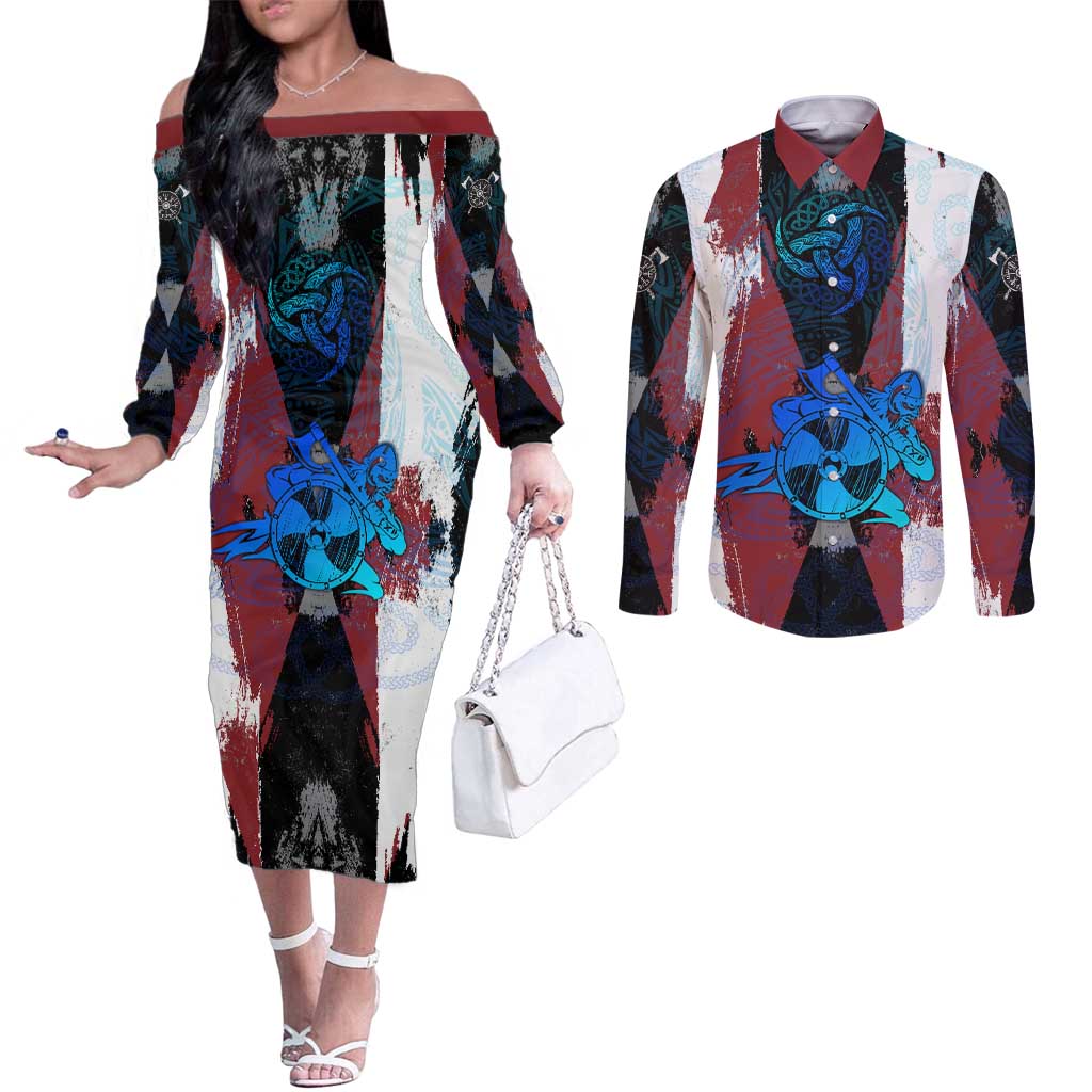 Vikings Warrior Couples Matching Off The Shoulder Long Sleeve Dress and Long Sleeve Button Shirt with Shield, Axes and Nordic Pattern Norse Heritage Tribute - Wonder Print Shop