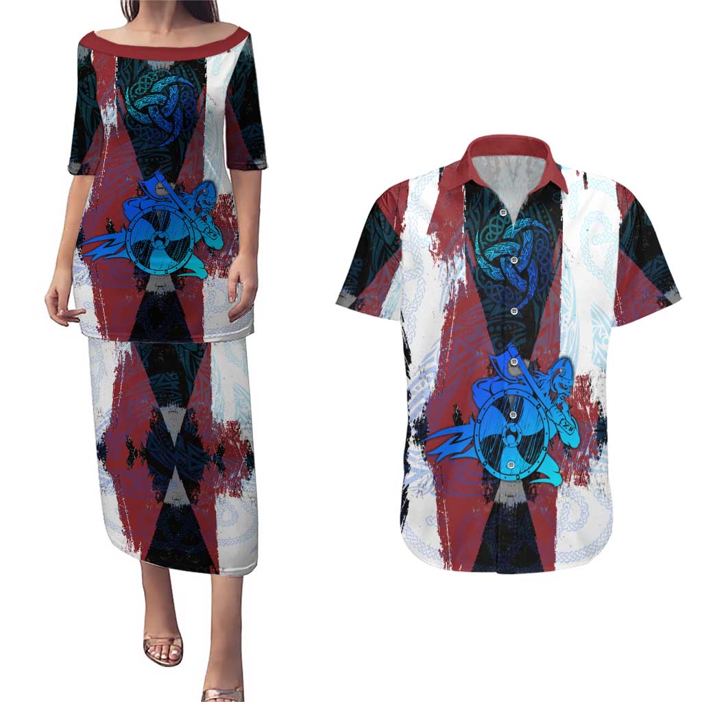 Vikings Warrior Couples Matching Puletasi and Hawaiian Shirt with Shield, Axes and Nordic Pattern Norse Heritage Tribute - Wonder Print Shop