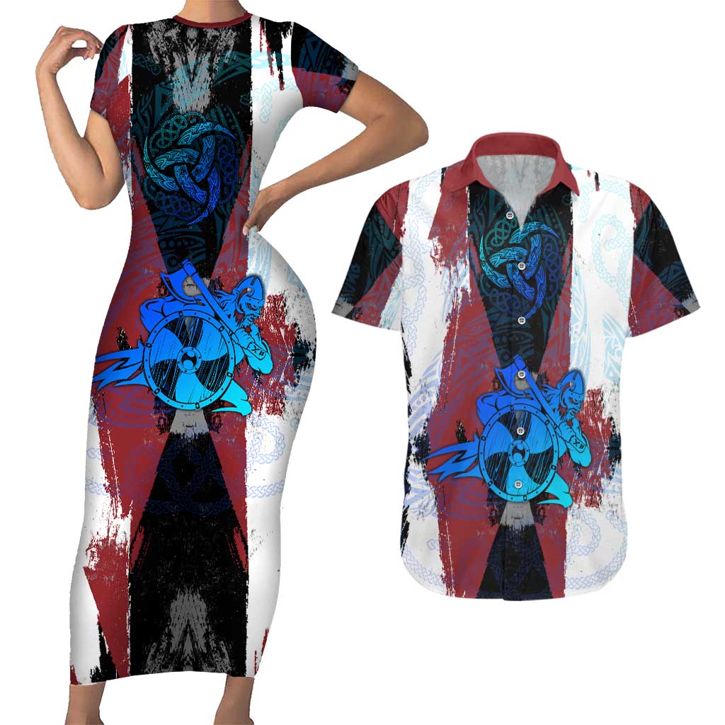 Vikings Warrior Couples Matching Short Sleeve Bodycon Dress and Hawaiian Shirt with Shield, Axes and Nordic Pattern Norse Heritage Tribute - Wonder Print Shop